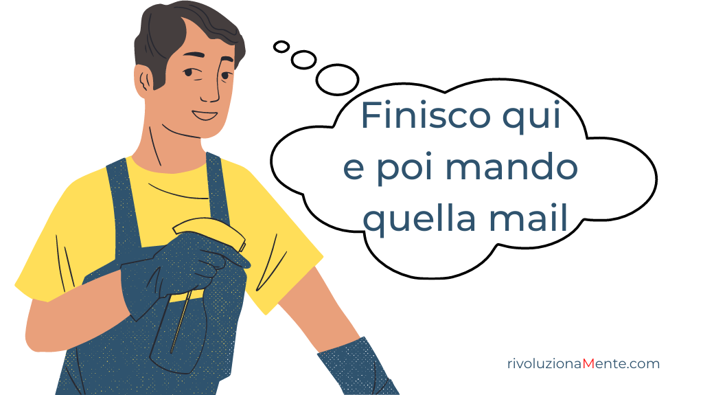 uomo che fa le pulizie invece di lavorare pur di procrastinare